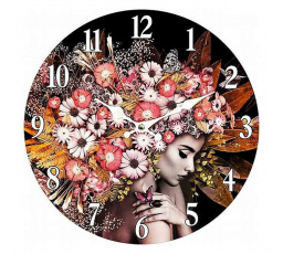 Hodiny nástěnné - pr. 34 cm, MDF, žena s květinami