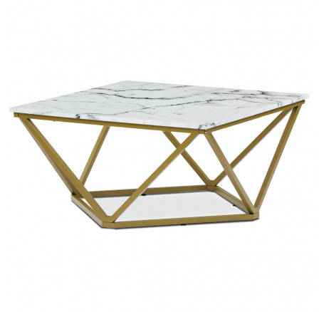 Konferenčný stôl, doska z MDF s bielym mramorovým dekorom, zlatý matný kovový rám.