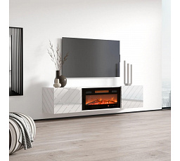 TV komoda LUXE s elektrickým krbom, biela / biely lesk