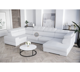 Rohová Kožená sedacia súprava s funkciou spania ROYAL MAX I 210x375x185 - Ľavá strana, Biela koža