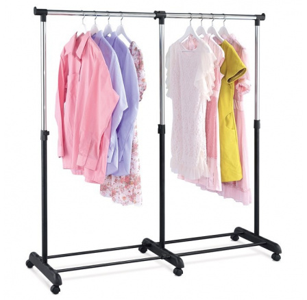 Teleskopický stojan na šaty s úložným priestorom, čierny, kov / plast, chróm