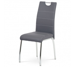 Jedálenská stolička, sivé čalúnenie z ekokože, biele prešívanie, štvornohá pochrómovaná kovová podnož
