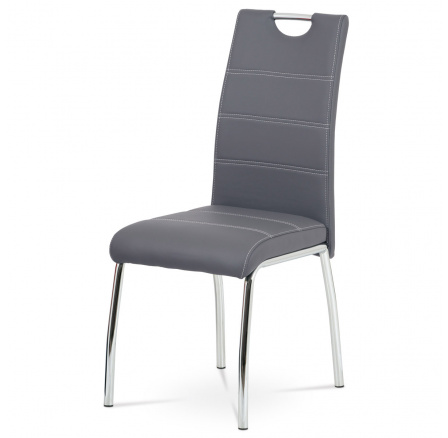Jedálenská stolička, sivé čalúnenie z ekokože, biele prešívanie, štvornohá pochrómovaná kovová podnož