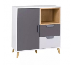 Komoda POKER R9, Biela/Grafit/Dub lefkas/Sivá