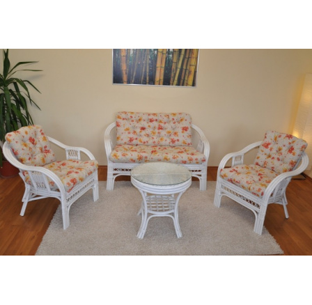 Ratanová sedacia súprava Rio De Janeiro biela polstre motív kvety