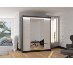 Posuvná skriňa so zrkadlom a LED osvetlením TRAVES 180 Čierna+Biela