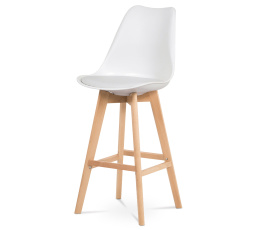 Barová stolička, biely plast+koža, masívne bukové nohy