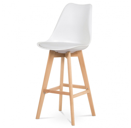 Barová stolička, biely plast+koža, masívne bukové nohy
