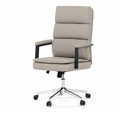 Stolička kancelárska, strieborná ekokoža, kríž kov chrómový, hojdací mechanizmus, čalúnené podrúčky