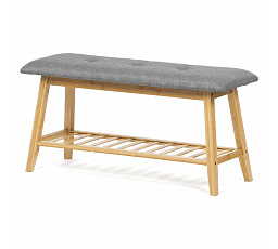 Botník / taburet, polica, masív bambus, prírodný odtieň, sivá látka