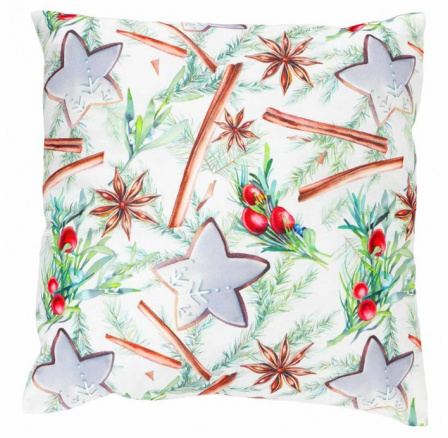 Polštář s výplní, satén. Vánoční motiv, perníček a skořice na bílém podkladu. 45