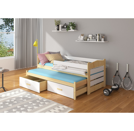 Manželská posteľ so zábranami a matracom TIARRO 180x80 Prírodná borovica + biela