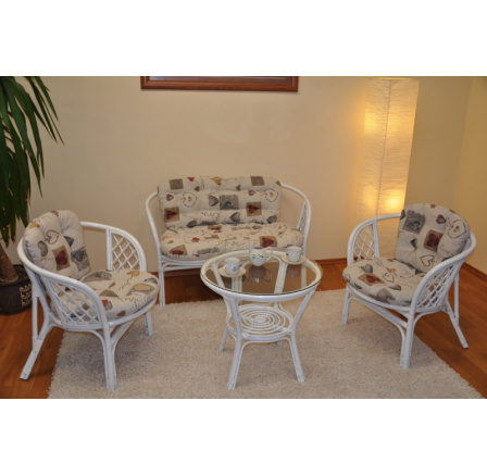 Ratanová sedacia súprava Bahama veľká biela, vankúše s motívom srdca LOVE