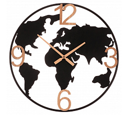 Hodiny nástěnné - pr. 60 cm, kov a dřevěné číslice, mapa světa