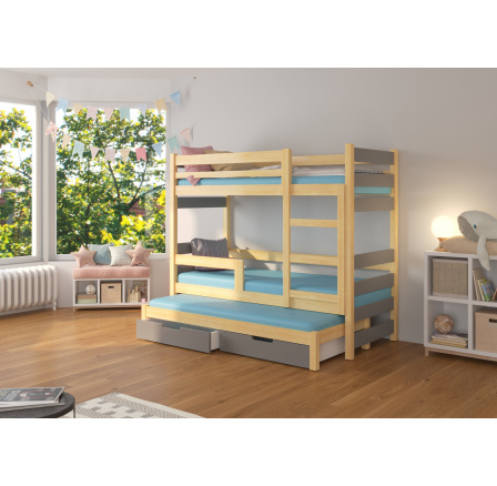 Trojposchodová posteľ s matracmi KARLO Pine+Gray Trojposchodová posteľ s matracmi KARLO Pine+Gray