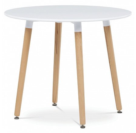 Jedálenský stôl, 90x90x74 cm, MDF - biely matný lak, kovová konštrukcia, drevené nohy