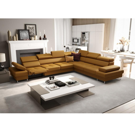 Rohová Kožená sedacia súprava s funkciou spania a relaxácie GALAXY MAX 350x280 cm - prírodná koža - voliteľná farba, pravá