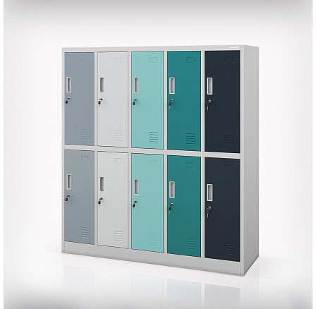 Školská skrinka BHP šedo-modro-granátová: 10-priehradková BARTUŚ, 1360 x 1500 x 450 mm