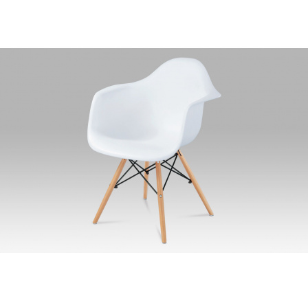 Jedálenská stolička, biely plast, masívny buk, prírodný odtieň, čierne kovové výstuhy