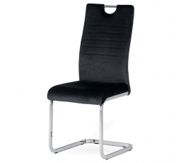 Jedálenská stolička, čierne zamatové čalúnenie, pochrómovaná kovová podnož a rúčka