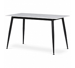 Jedálenský stôl 130x70x76 cm, doska zo spekaného kameňa v imitácii matného mramoru, čierne kovové nohy