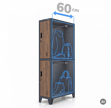 Kovová pracovná šatníková skriňa hlboká, 2-dverová, antracit/dub, 292 × 1720 × 600 mm: BARTEK 1 Plus D600 Eco Design Kovová pracovná šatníková skriňa hlboká, 2-dverová, antracit/dub, 292 × 1720 × 600 mm: BARTEK 1 Plus D600 Eco Design