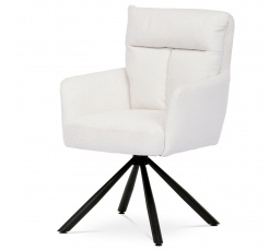 Jedálenská stolička, biela látka bouclé, 180° otočný mechanizmus, čierny kov