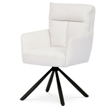 Jedálenská stolička, biela látka bouclé, 180° otočný mechanizmus, čierny kov