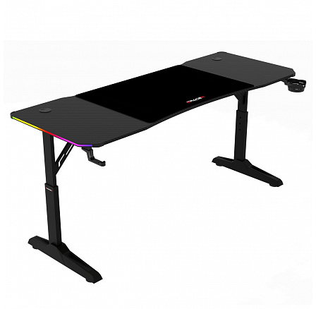 Pevný herní stůl 160x60cm, RGB LED, výběr výšky, melamin, carbon, LT-H1216 BK Pevný herní stůl 160x60cm, RGB LED, výběr výšky, melamin, carbon, LT-H1216 BK