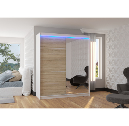 Posuvná skriňa so zrkadlom a LED osvetlením CARO 180 Biela+Sonoma Posuvná skriňa so zrkadlom a LED osvetlením CARO 180 Biela+Sonoma