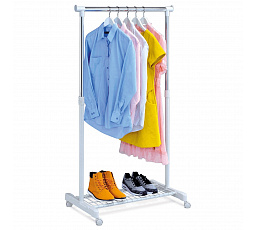 Stojan na šaty, jednoramenný, s úložným priestorom, biely, kov / plast, chróm