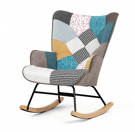 Hojdacie kreslo, poťah patchwork látka, drevené nohy, masív kaučukovník