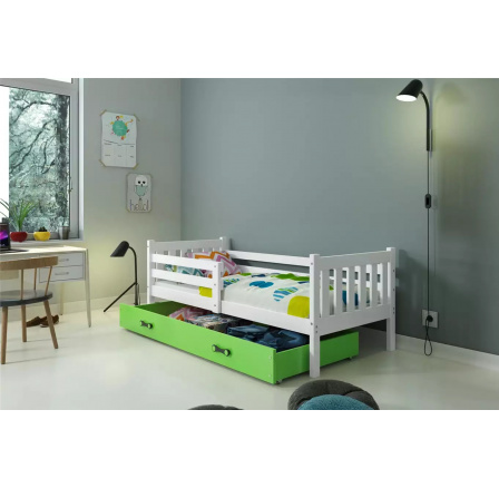 Detská posteľ CARINO 90x200 cm so zásuvkou, s matracom, Biela/Zelená