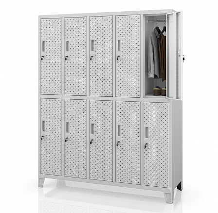 Skriňa BHP na odevy, priehradková, perforovaná, 10 priehradiek, sivá, 1360x1720x450 mm: BARTEK PRO Skriňa BHP na odevy, priehradková, perforovaná, 10 priehradiek, sivá, 1360x1720x450 mm: BARTEK PRO