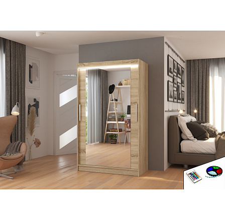 Posuvná skriňa so zrkadlom a LED osvetlením TIBAGO 120 Sonoma+Sonoma Posuvná skriňa so zrkadlom a LED osvetlením TIBAGO 120 Sonoma+Sonoma