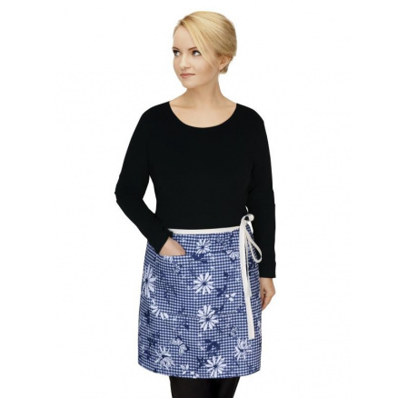 Kuchynská zástera do pása modrá kocka s kvetom