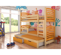 Poschodová posteľ s tromi lôžkami a matracmi SORIA Pine+Orange