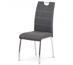 Jedálenská stolička, sivé látkové čalúnenie, biele prešitie, štvornohá pochrómovaná kovová podnož