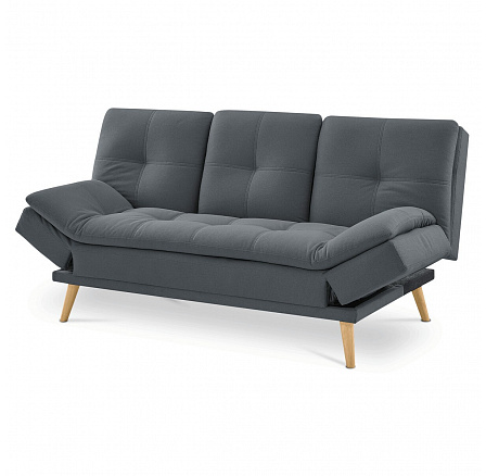 Rozkladacia pohovka click-clack, 3-miestna, držiak na nápoje, poťah tmavosivá látka, nohy masív buk