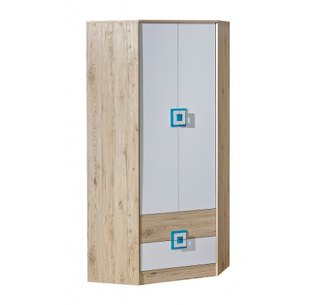 Rohová šatní skriňa NICO 02, Svetlý Dub/Biela/Tyrkysová