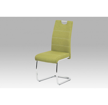 Jedálenská stolička, olivovo zelené látkové čalúnenie, pochrómovaná kovová podnož
