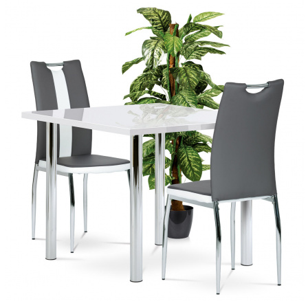 Jedálenský set 1+2, stôl 90x90 cm, biely vysoký lesk, kov - chróm, stoličky sivobiele čalúnenie z ekokože, kov - chróm