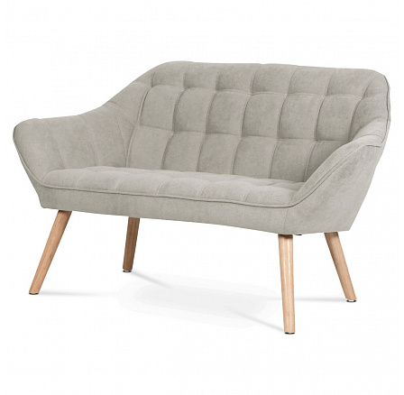 Dvojsedák, čalúnenie sivobéžová látka, drevené nohy, masívne kaučukové drevo, prírodný odtieň a lak