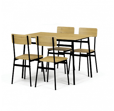 Jedálenský set (1+4), MDF dekor divoký dub, štvornohá kovová podnož, čierny matný lak Jedálenský set (1+4), MDF dekor divoký dub, štvornohá kovová podnož, čierny matný lak