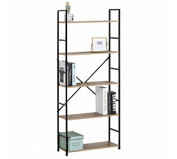 Regál, 5 políc, dekor dub, MDF, čierny lak