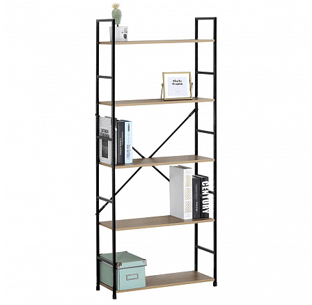 Regál, 5 políc, dekor dub, MDF, čierny lak