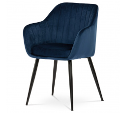Jedálenská stolička, modré zamatové čalúnenie, kovové nohy, čierny matný lak