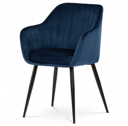 Jedálenská stolička, modré zamatové čalúnenie, kovové nohy, čierny matný lak