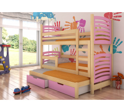 Poschodová posteľ s tromi lôžkami a matracmi SORIA Pine+Pink