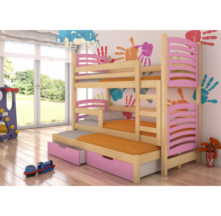 Poschodová posteľ s tromi lôžkami a matracmi SORIA Pine+Pink